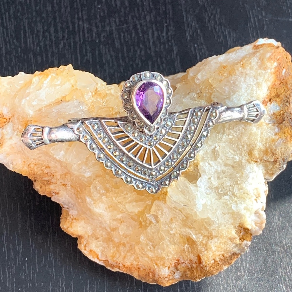 Vintage Sterling Amethyst Marcasite Brooch Pin